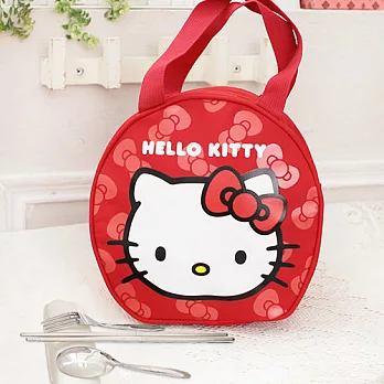 HELLO KITTY 圓形學童便當袋/手提袋-紅色+台灣製環保三件式餐具組