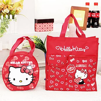 HELLO KITTY 直式才藝袋/補習袋/便當袋+圓形學童便當袋/手提袋-紅色