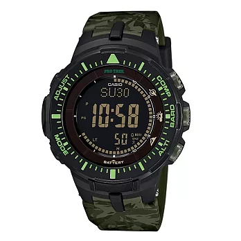CASIO PRO TREK 迷彩陷阱的強悍風格登山運動腕錶-綠-PRG-300CM-3