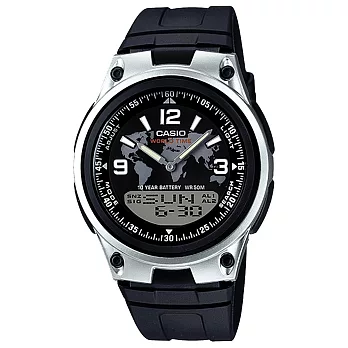CASIO 時與世界的旅行多功能腕錶-黑世界X黑橡膠錶帶