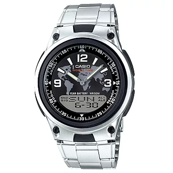 CASIO 時與世界的旅行多功能腕錶-黑世界鋼錶帶