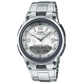 CASIO 時與世界的旅行多功能腕錶-白世界鋼錶帶