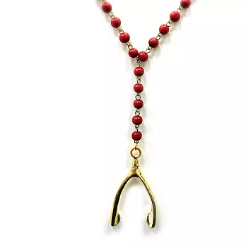 Ettika 美國品牌 古典雕花幸運許願骨 紅色珠珠Y字型長項鍊 Wishbone 大款
