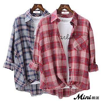襯衫 寬鬆棉麻格紋長袖襯衫 二色-Mini嚴選-FREE（紅色）