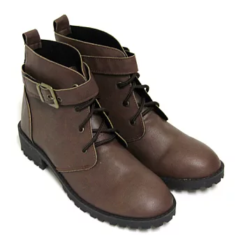 【Pretty】率性環扣造型綁帶舒適低跟騎士短靴23咖啡色