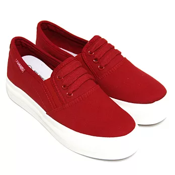 【Pretty】素色綁帶造型厚底休閒帆布鞋24.5紅色