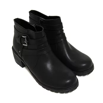 【Pretty】人氣百搭雙皮帶造型側拉鍊中粗跟短靴35黑色