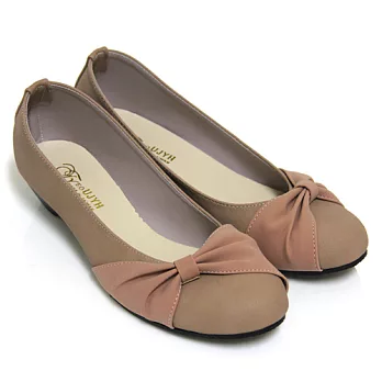 【Pretty】簡約蝴蝶結面楔型圓頭低跟娃娃鞋25芋色