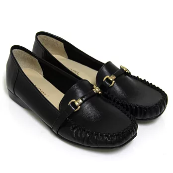 ◤Green Phoenix◥經典韻味一字皮革拼接金屬全真皮平底休閒便鞋5.5黑色