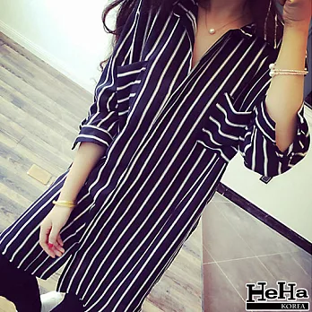 襯衫 長版抗皺條紋七分袖襯衫 二色-HeHa-FREE(黑色)