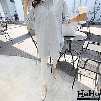 襯衫 長版繭型寬鬆條紋襯衫 藍色-HeHa-M*