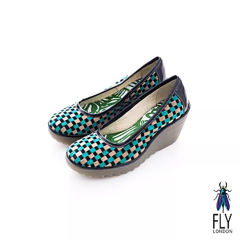 Fly London(女)★ 彩格瘋 經典坡跟膠底楔型鞋 - 亂藍綠37亂藍綠
