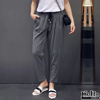 哈倫褲 條紋繫帶鬆緊腰九分褲 二色-HeHa-L(灰色）