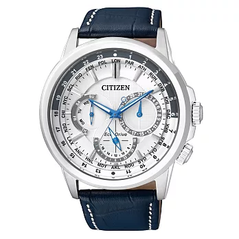 CITIZEN Eco-Drive 王者榮耀三眼光動能腕錶-白x深藍皮帶