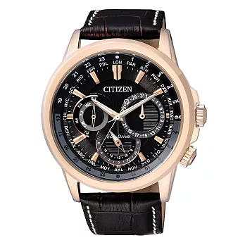 CITIZEN Eco-Drive 王者榮耀三眼光動能腕錶-金框黑x深咖啡皮帶