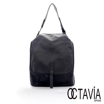 【Octavia 8 真皮】designer後背包 雙料尼龍束口牛皮後背包 - 設計黑設計黑