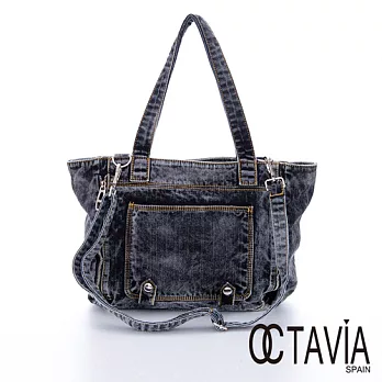OCTAVIA 8 - 鬼洗無印裝飾拉鍊大口袋肩斜二用牛仔包 - 墨洗黑墨洗黑
