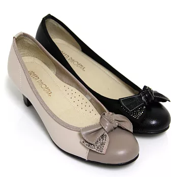 ◤Green Phoenix◥優雅層次撞色扭轉蝴蝶結異材質拼接水鑽全真皮低粗跟包鞋5粉紅色