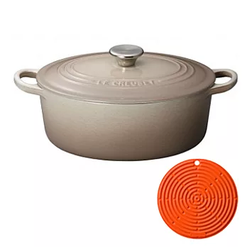 LE CREUSET－橢圓鑄鐵鍋（肉豆蔻．直徑25cm）+ 耐熱矽膠隔熱墊（火焰橘）