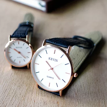 kevin 3068 簡約復刻 皮革錶帶石英情侶錶-黑色小型