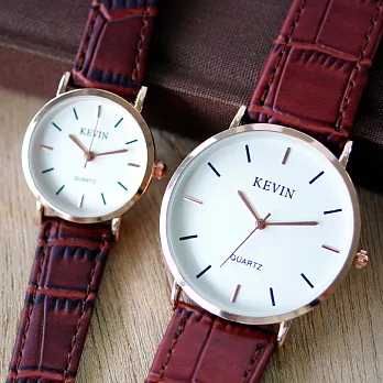 kevin 3068 簡約復刻 皮革錶帶石英情侶錶-咖啡小型