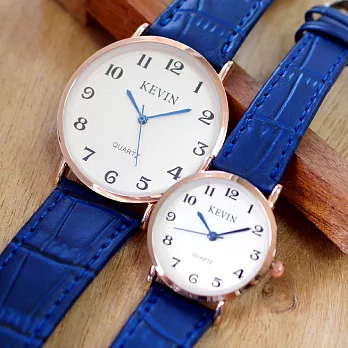 kevin 3068 復古數字 皮革錶帶石英情侶錶-寶藍小型