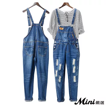 單寧 刷破排釦牛仔吊帶長褲-Mini嚴選-L*