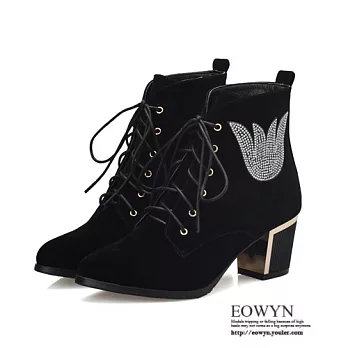 EOWYN.時尚甜美簡約保暖水鑽綁帶百搭粗跟短靴EMD01774-85/2色/34-39碼現貨+預購黑色34