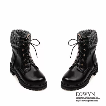 EOWYN．歐美時尚百搭學院風格造型綁帶毛絨平底短靴/工程靴EMD01787-73/3色/34-39碼現貨+預購黑色34