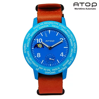 ATOP｜世界時區腕錶－24時區潮流系列真皮款 - (土耳其藍/橘)