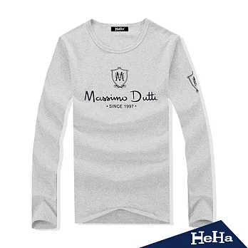 T恤 英文印花簡約休閒圓領長袖上衣 二色-HeHa-XL（麻灰）