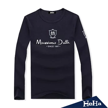 T恤 英文印花簡約休閒圓領長袖上衣 二色-HeHa-L（藏青）