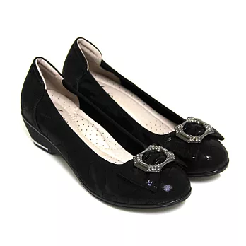 ◤Green Phoenix◥氣質雅緻蝴蝶結金屬飾扣水鑽全真皮珠光束口小坡跟娃娃鞋37黑色