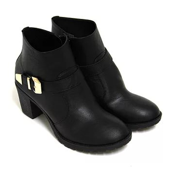 【Pretty】個性品味側拉鍊粗跟短靴23黑色
