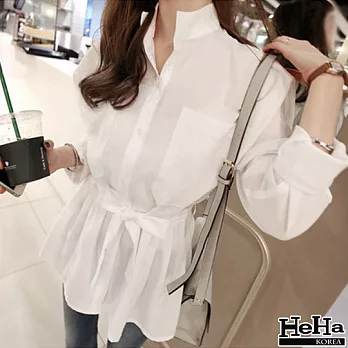 雪紡 長袖收腰抓折雪紡上衣(附腰帶)-HeHa-L*