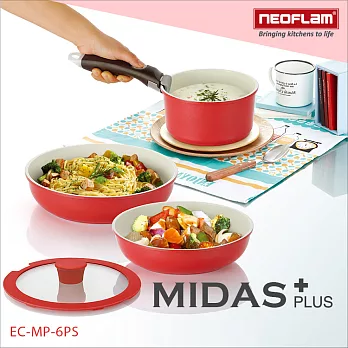 韓國NEOFLAM Midas Plus系列 陶瓷不沾鍋具組6件式(電磁) EC-MP-6PS日出紅
