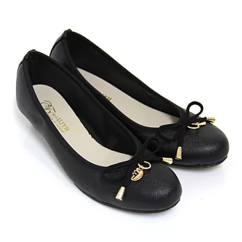 【Pretty】典雅小蝴蝶結金屬吊飾楔型低跟娃娃鞋25黑色