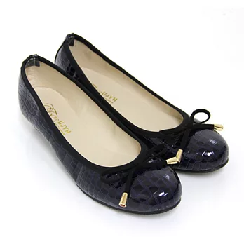 【Pretty】輕熟光澤動物壓紋蝴蝶結低跟娃娃鞋23.5藍色