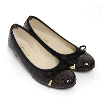 【Pretty】輕熟光澤動物壓紋蝴蝶結低跟娃娃鞋24.5咖啡色