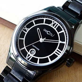 GECCU 4166亮黑鏤空羅馬數字附日期中性鐵帶錶-白色