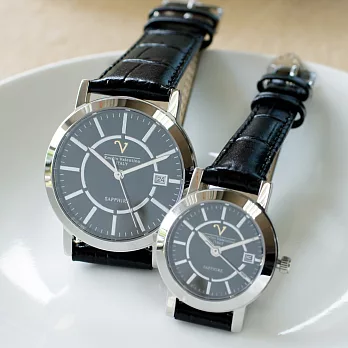 Emilio Valentino 范倫鐵諾 5540高密度水晶玻璃附日期不鏽鋼框對錶-黑色大型