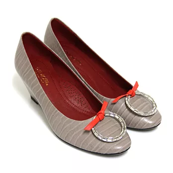 ◤Green Phoenix◥BIS-VITAL時尚大方綁帶蝴蝶結壓克力圓形水鑽義大利進口小牛皮楔型包鞋36淺棕色