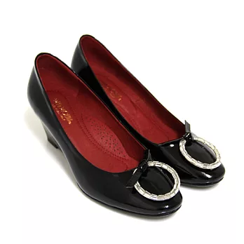 ◤Green Phoenix◥BIS-VITAL時尚大方綁帶蝴蝶結壓克力圓形水鑽義大利進口小牛皮楔型包鞋36.5黑色