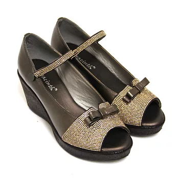 ◤Green Phoenix◥絢麗奢華法式蝴蝶結一字帶水鑽兩穿全真皮楔型魚口鞋35古銅色