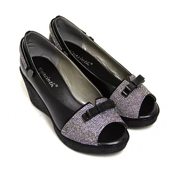 ◤Green Phoenix◥絢麗奢華法式蝴蝶結一字帶水鑽兩穿全真皮楔型魚口鞋35黑色