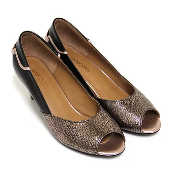 ◤Green Phoenix◥柔美典藏金屬撞色爆裂紋花邊全真皮魚口跟鞋4古銅色