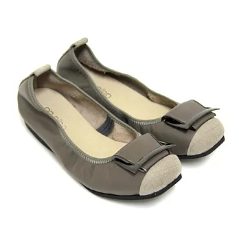 ◤Green Phoenix◥簡約俐落反折金屬邊條異材質拼接束口全真皮小坡跟娃娃鞋22灰色