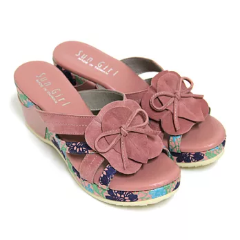 ◤Green Phoenix◥絕美優雅綁帶蝴蝶結幾何圖形撞色壓花紋全真皮楔型拖鞋22粉紅色