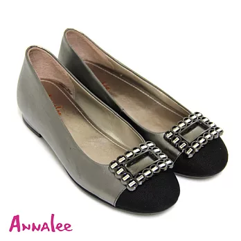 ANNALee 晶鑽粹煉幾何圖形金屬邊條壓克力水鑽異材質拼接全真皮低粗跟娃娃鞋35.5灰色