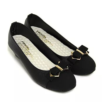 【Pretty】典雅朵結金屬拼接楔型娃娃鞋24黑色